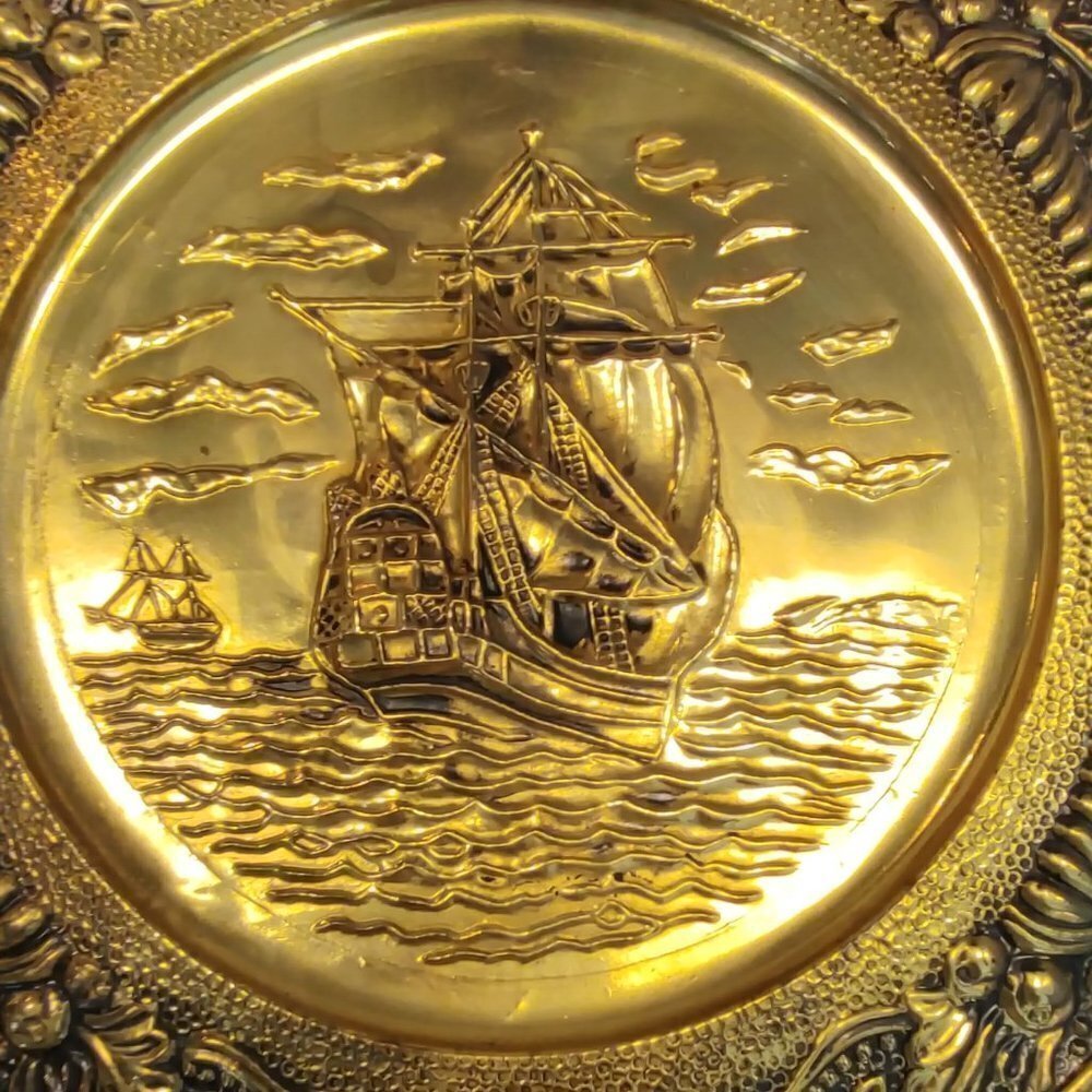 Vintage Metal Brass 14” Tin Wall Hanging Ship Plate - Picture 3 of 5
